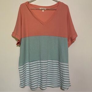 Relaxed V‑Neck Colorblock Blouse in Coral and Mint